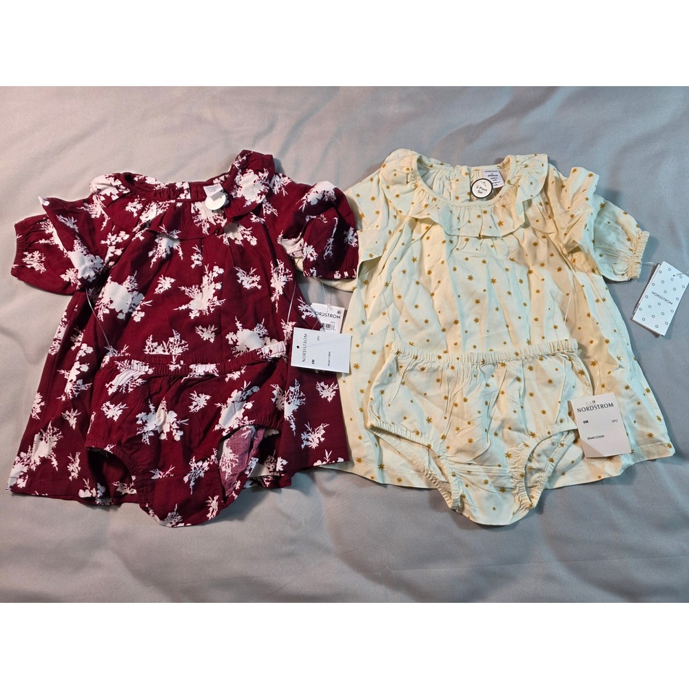 Nordstrom 2-Piece Tunic Bloomer Set Baby 6M Burgundy Floral Cream Star 2-Pack